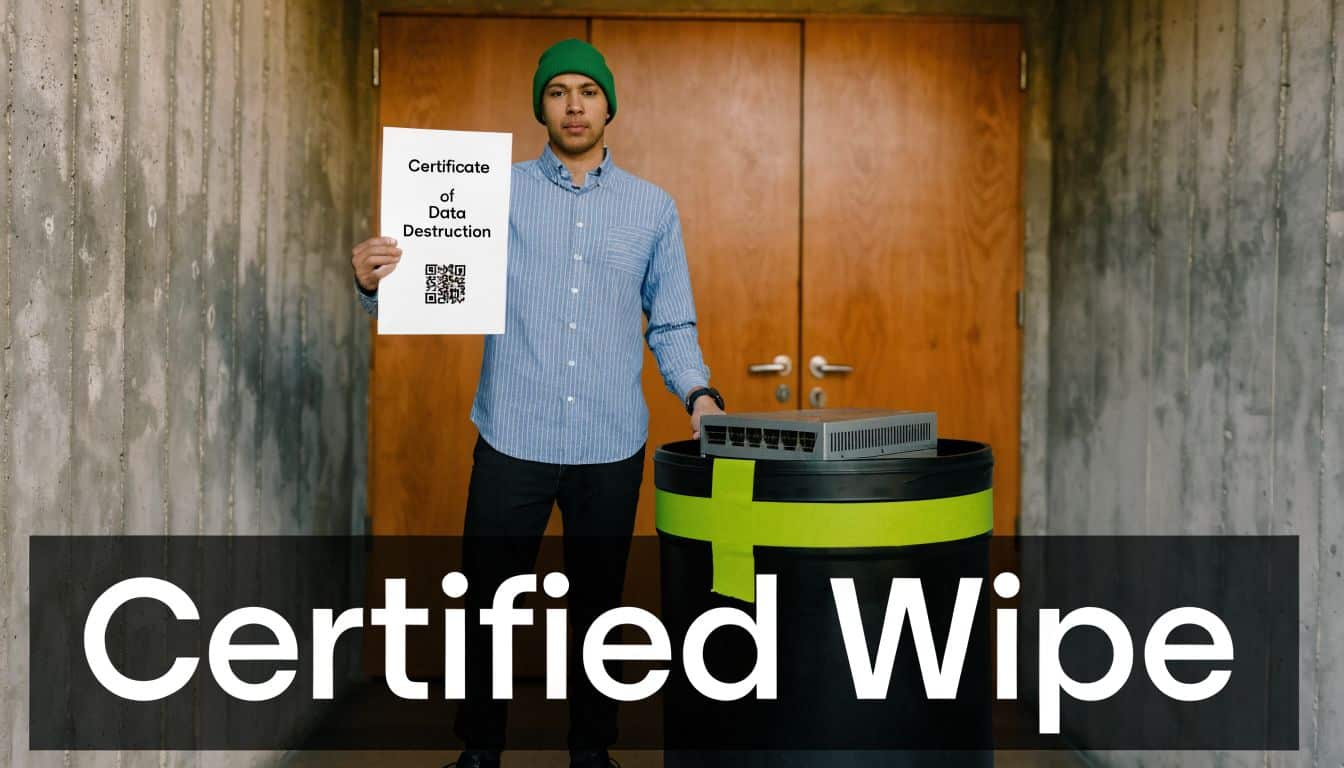 A man in a green beanie holding a Certificate of Data Destruction next to a network device.