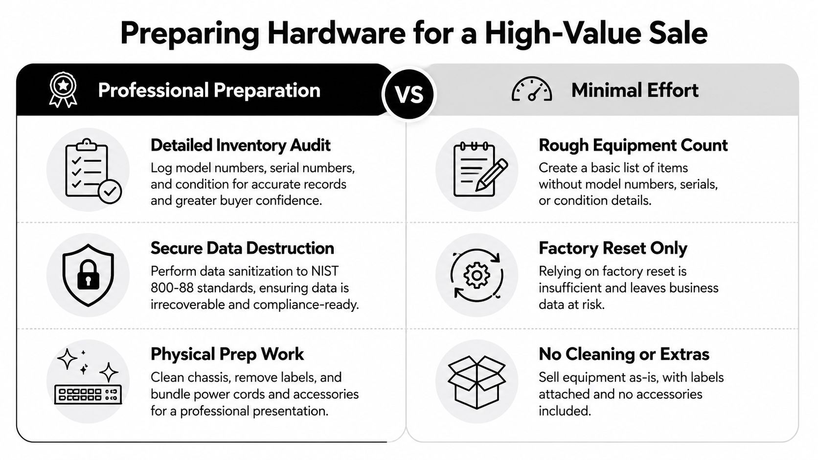 A comparison chart showing professional preparation versus minimal effort when selling high-value hardware for business.