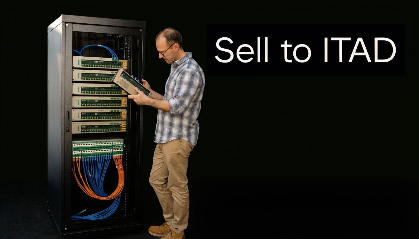 An IT technician inspecting network equipment in a data center server rack for ITAD services.