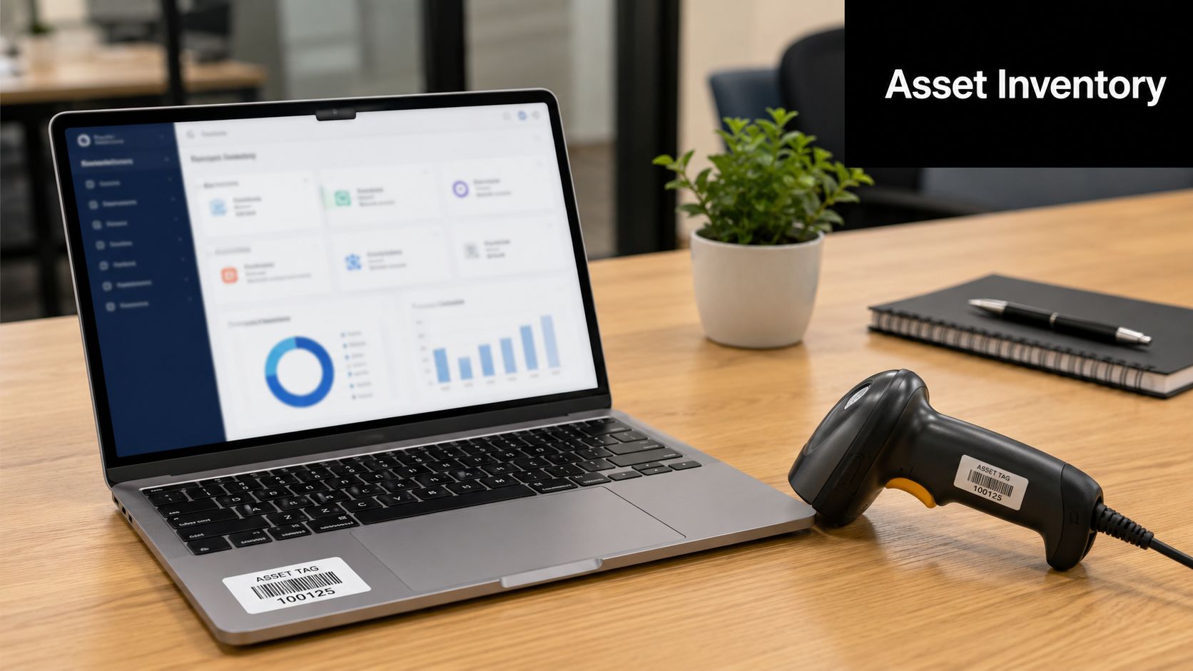 A modern laptop and barcode scanner on a desk, representing digital asset inventory and equipment management tracking.