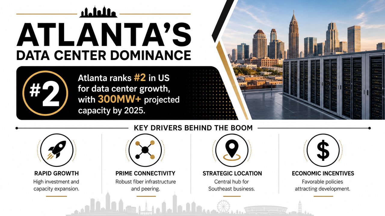 An infographic highlighting Atlanta's ranking as the number two city in the US for data center growth.