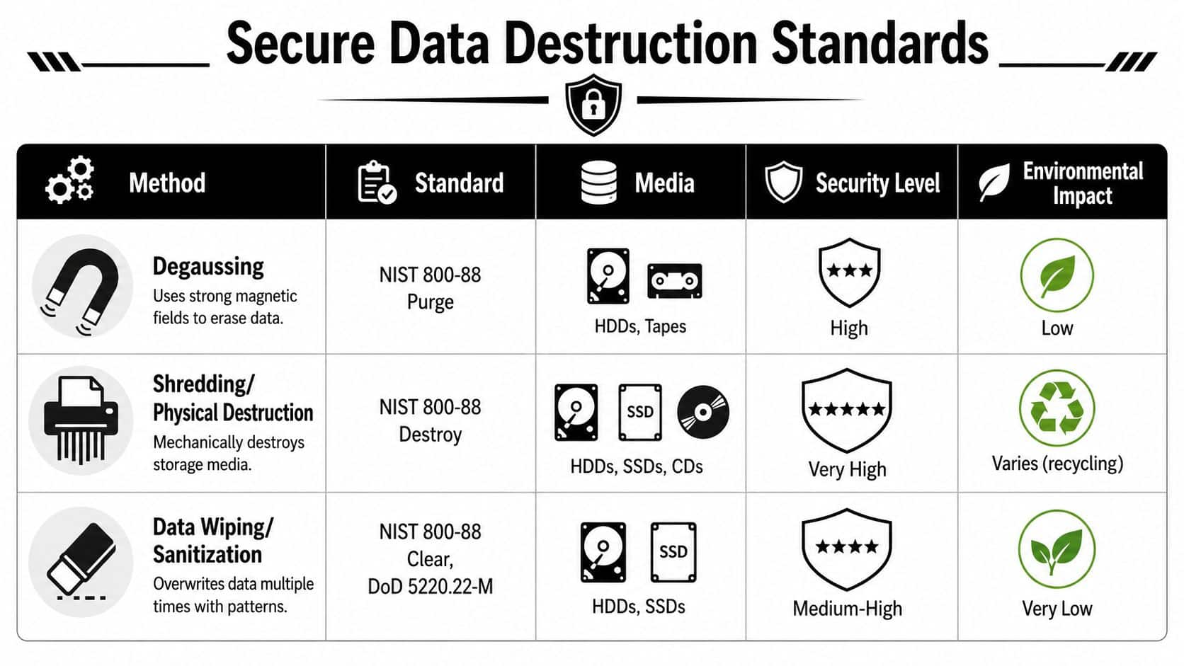 A table detailing secure data destruction standards, including methods like degaussing, shredding, and sanitization for various storage media.