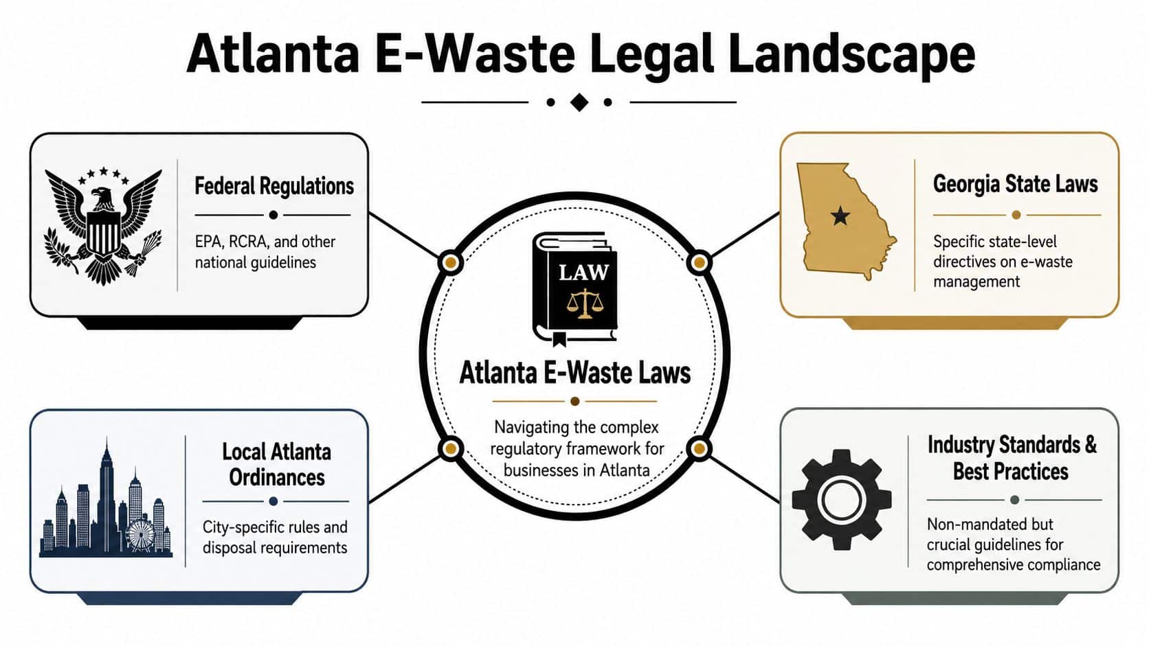 A diagram outlining the regulatory framework for business electronic waste disposal and compliance in Atlanta, Georgia.