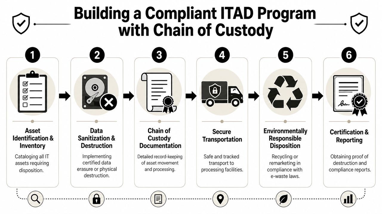 A six-step infographic illustrating a compliant IT asset disposition program with secure chain of custody processes.