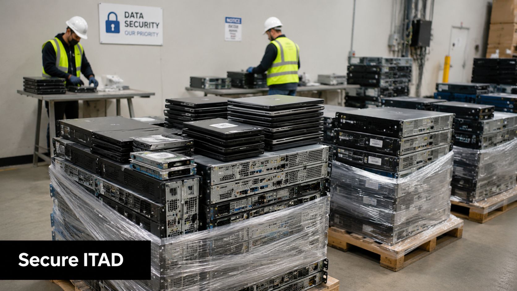 Workers in a warehouse processing decommissioned computer servers and hardware for secure IT asset disposition services.