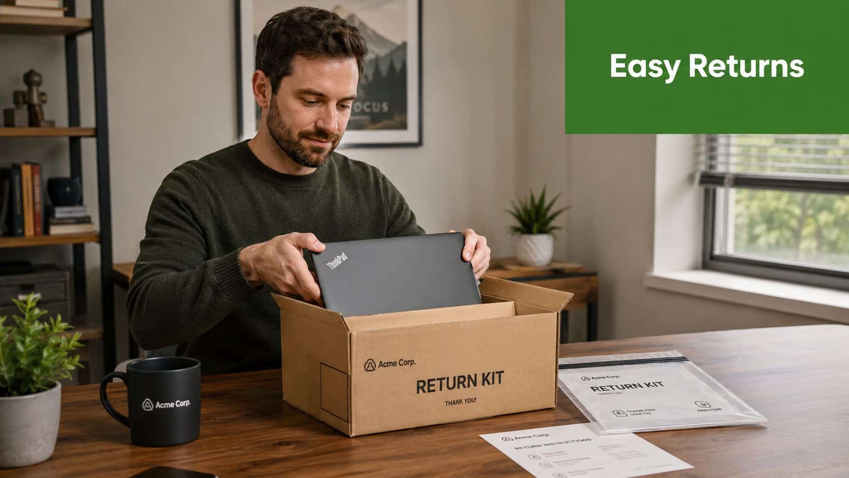 A man packing a laptop into an Acme Corp branded return box for remote equipment return.