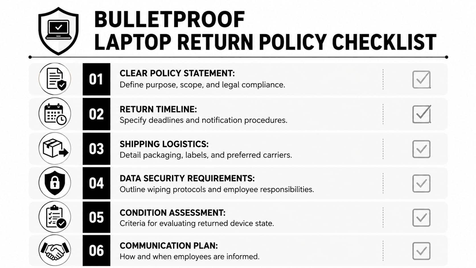 A checklist infographic titled Bulletproof Laptop Return Policy Checklist illustrating six essential steps for return procedures.
