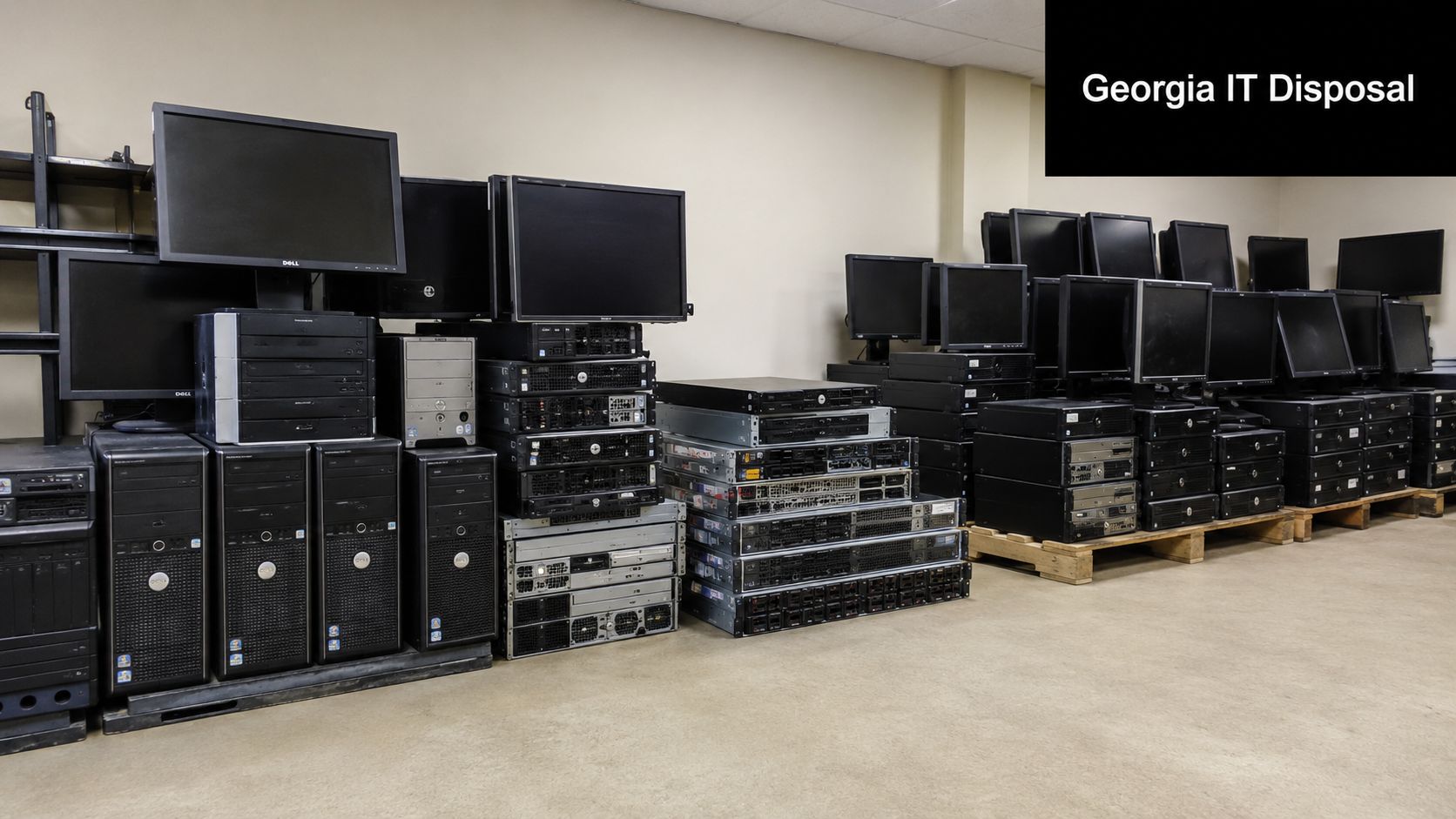 A large collection of old Dell computer monitors and tower servers stacked in a storage facility.