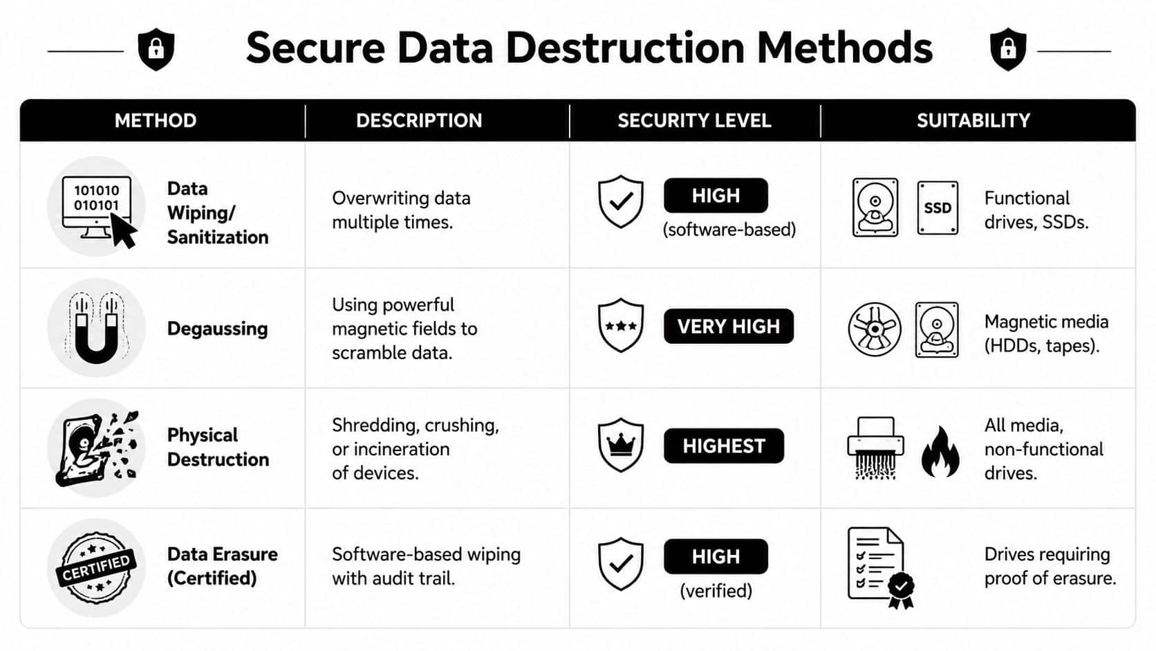 A chart comparing four secure data destruction methods including wiping, degaussing, physical destruction, and certified erasure.