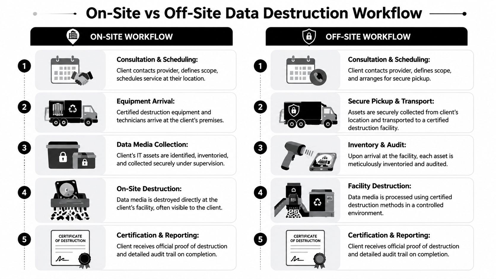 A comparison chart outlining the five-step workflows for on-site and off-site secure data destruction services.