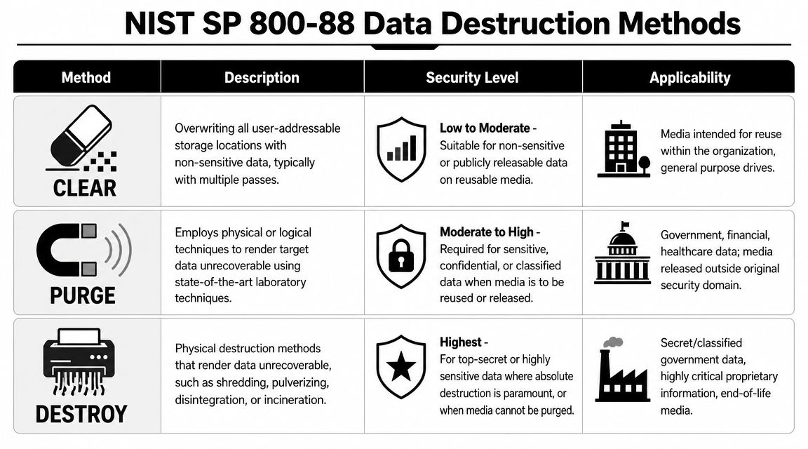 A chart comparing NIST SP 800-88 data destruction methods: Clear, Purge, and Destroy, highlighting security levels and applicability.