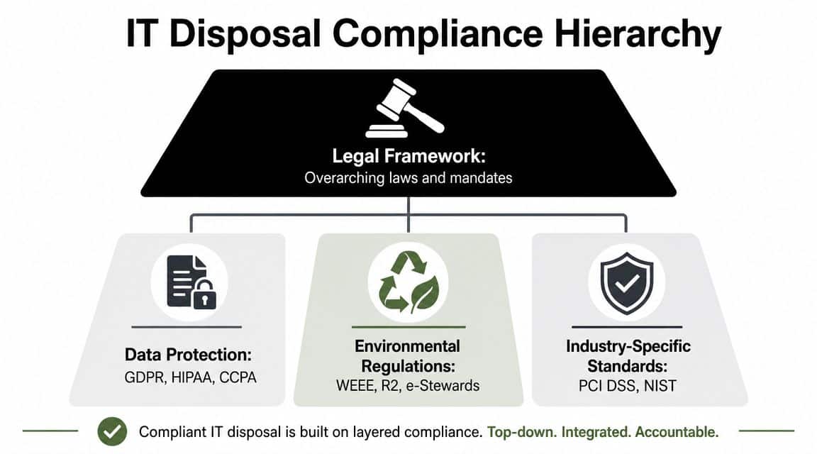 A diagram outlining the layered IT disposal compliance hierarchy including legal, environmental, and industry data standards.