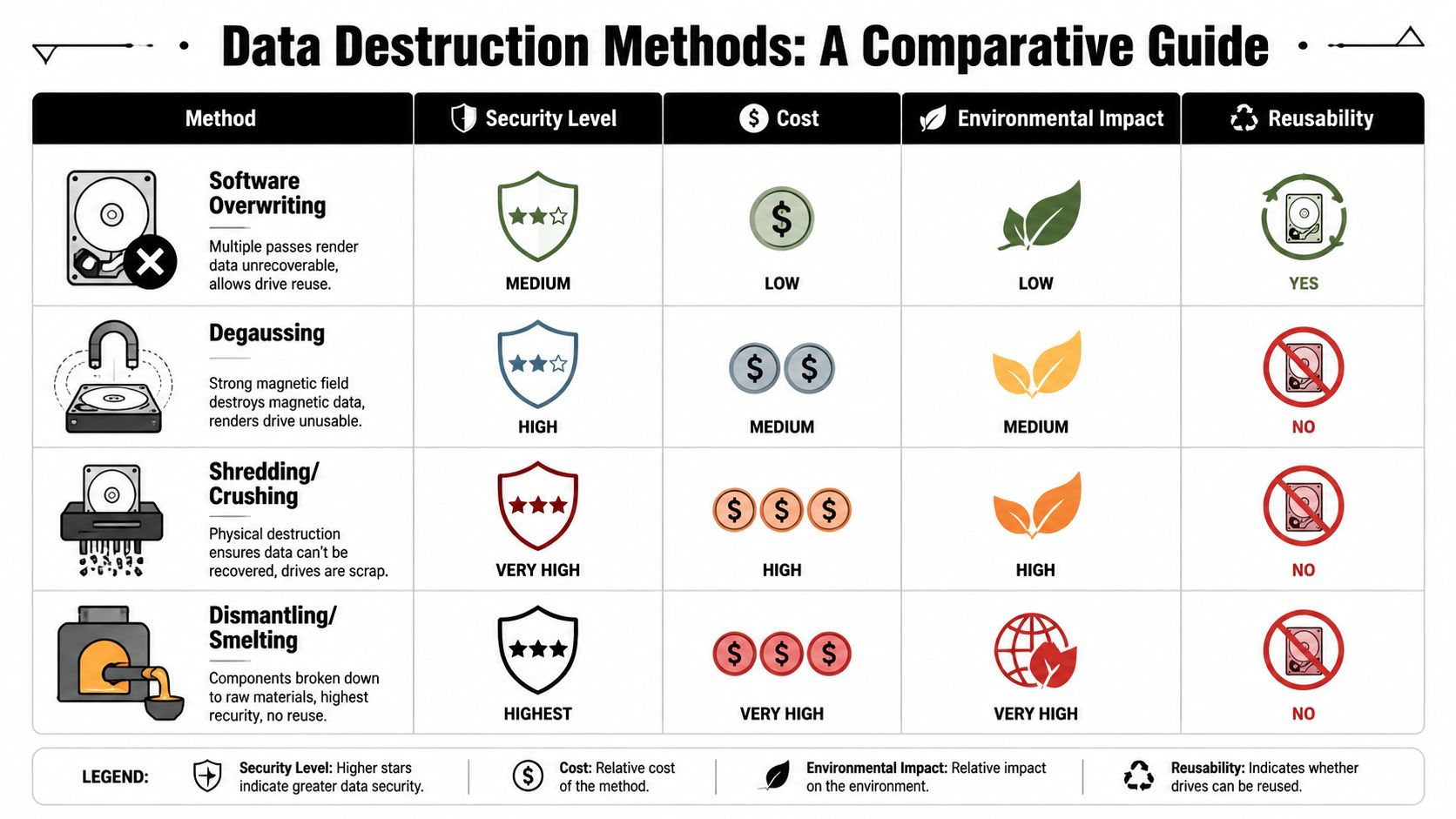 A comparative guide infographic detailing four data destruction methods, evaluating security, cost, environmental impact, and reusability.