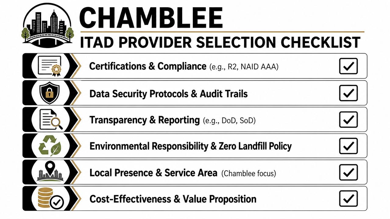 A checklist for selecting ITAD providers in Chamblee featuring key evaluation criteria like compliance and environmental responsibility.