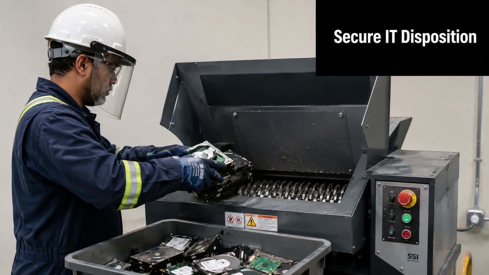 A technician wearing protective gear destroys old hard drives using an industrial shredder for secure data disposal.