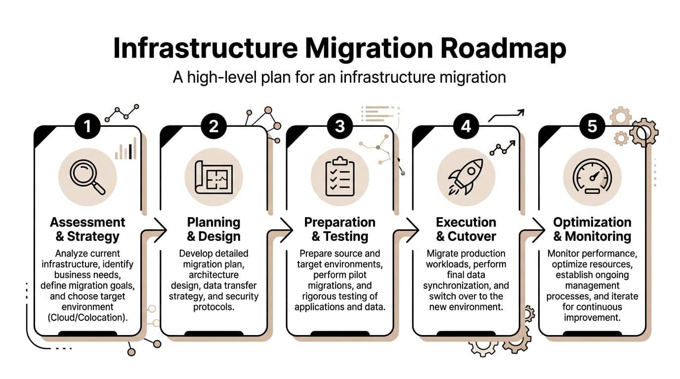 A five-step infrastructure migration roadmap illustration showing the process from initial assessment to final optimization.