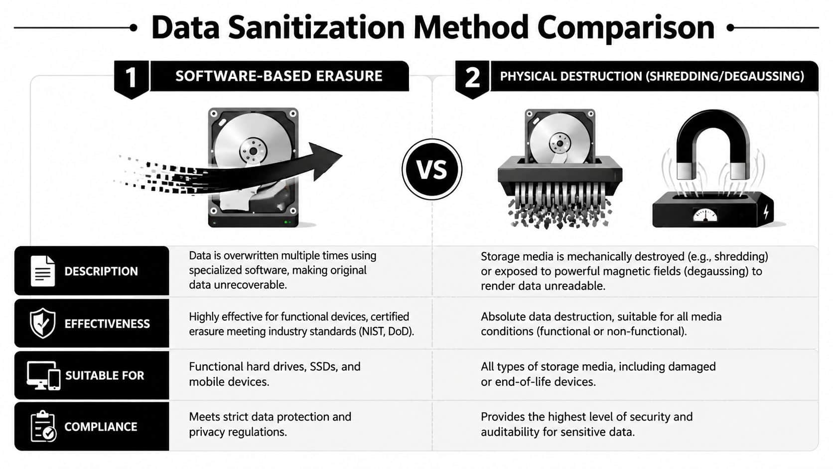 A comparison chart outlining the differences between software-based data erasure and physical destruction methods for storage media.