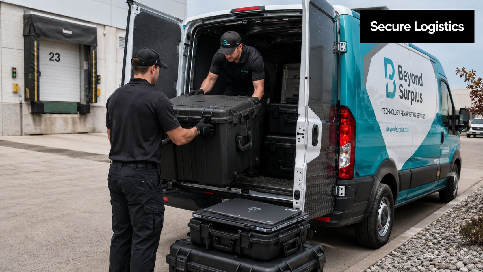 Two professionals loading a black heavy-duty transport case into a Beyond Surplus logistics van for technology recycling.
