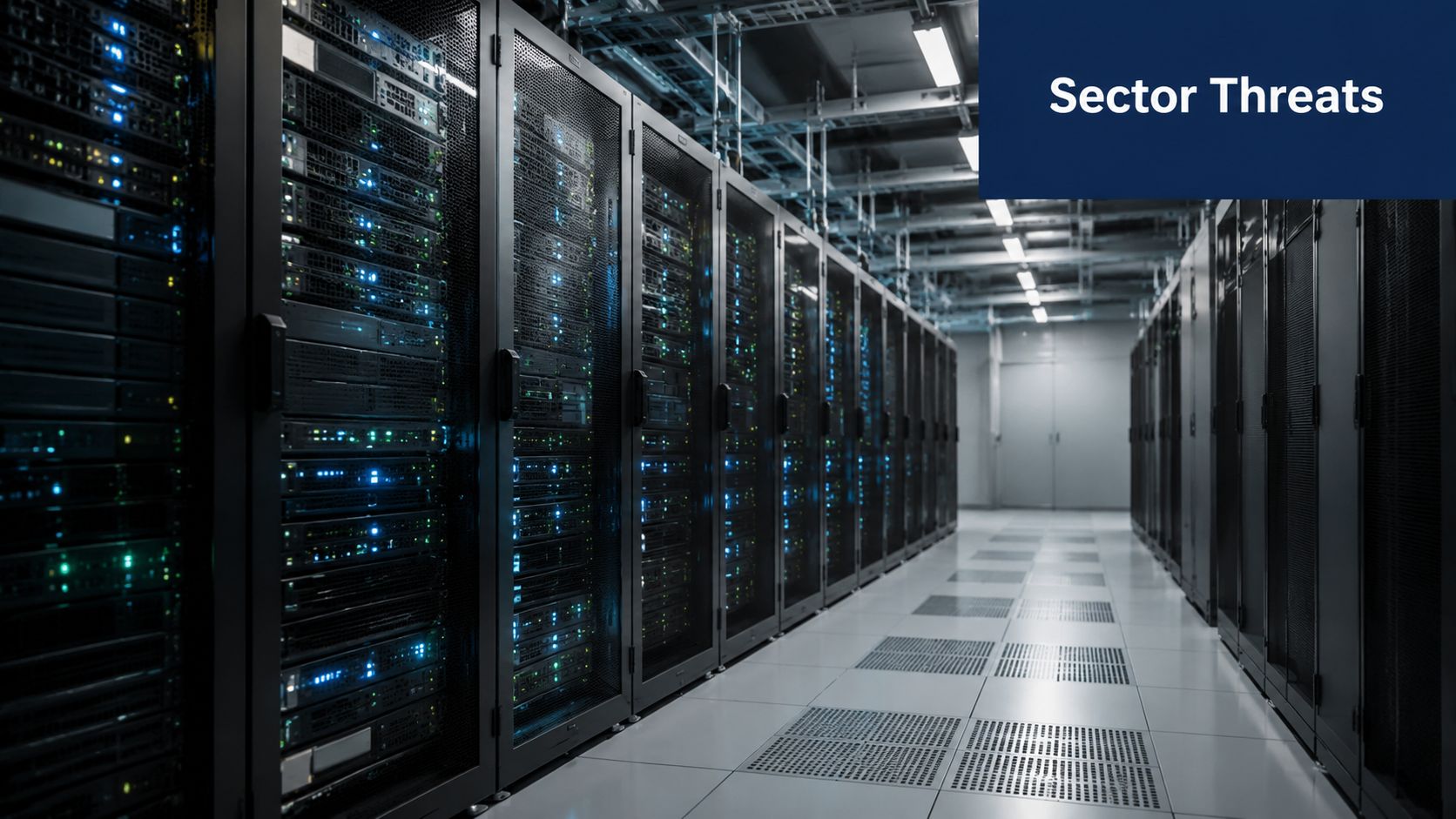 A modern data center aisle featuring rows of server racks with flashing indicator lights and ventilation flooring.