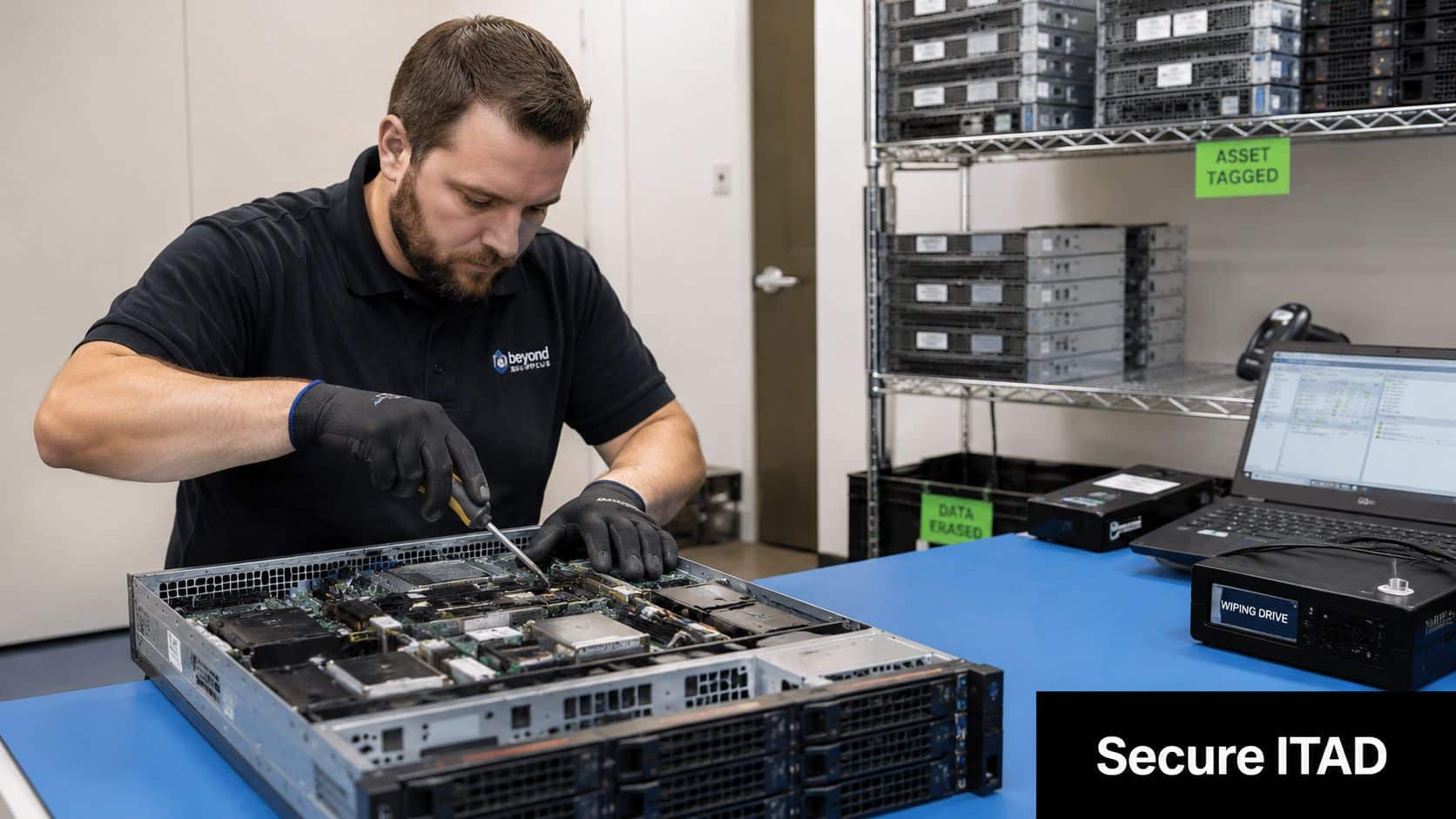 A technician wearing black gloves uses a screwdriver to service computer server hardware at a desk.
