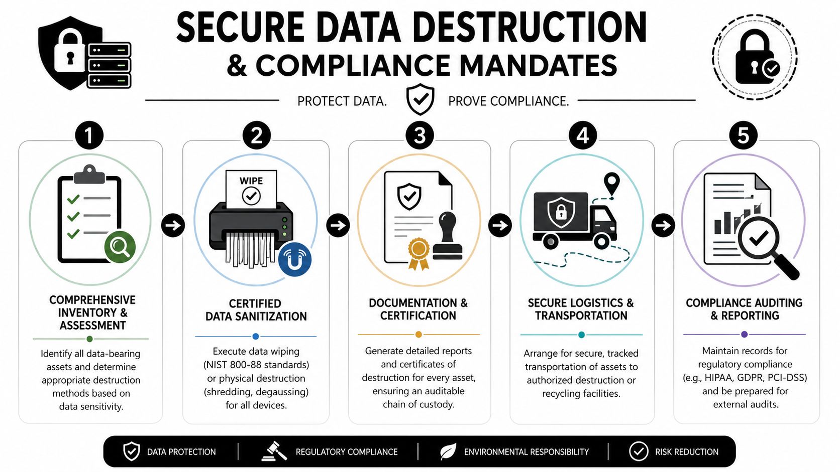 A five-step infographic explaining the secure data destruction process, compliance mandates, and data sanitization methods for businesses.