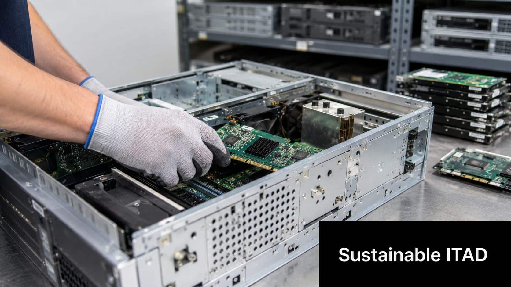 A technician wearing protective gloves disassembles server hardware components for sustainable data center equipment recycling.