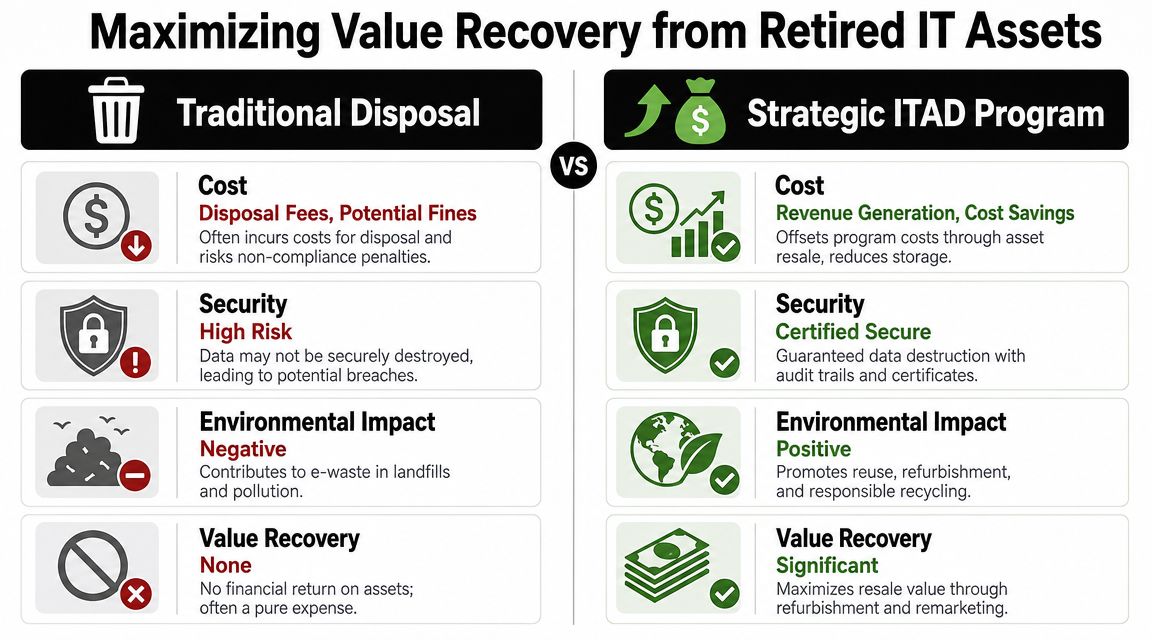 A comparison chart showing benefits of a strategic ITAD program versus traditional IT asset disposal methods.