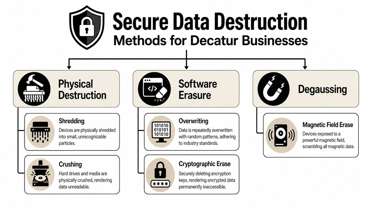 An infographic showing three secure data destruction methods for businesses: physical destruction, software erasure, and degaussing.