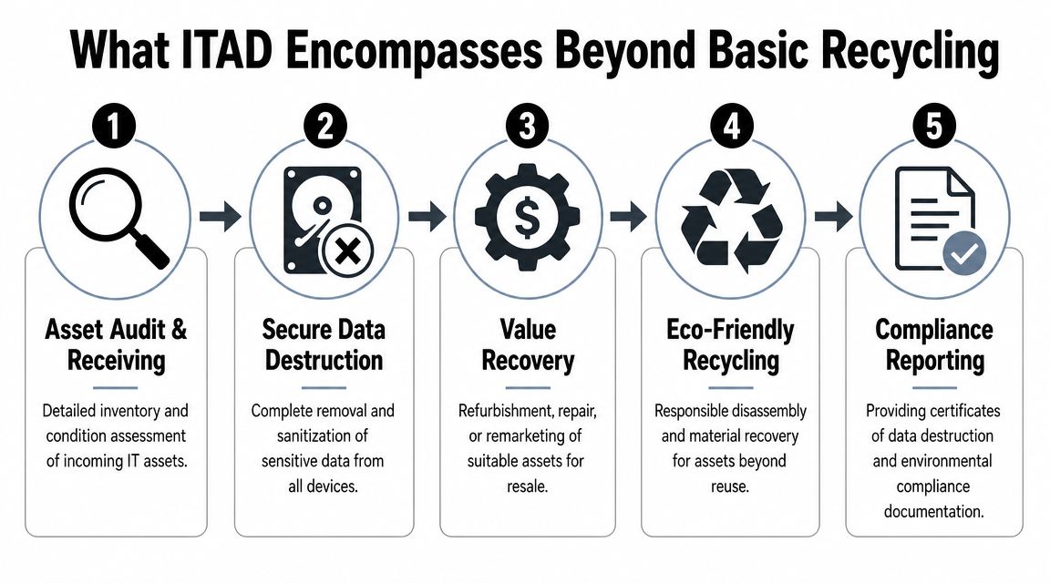 A five-step infographic showing the ITAD process from asset audit and data destruction to final compliance reporting.