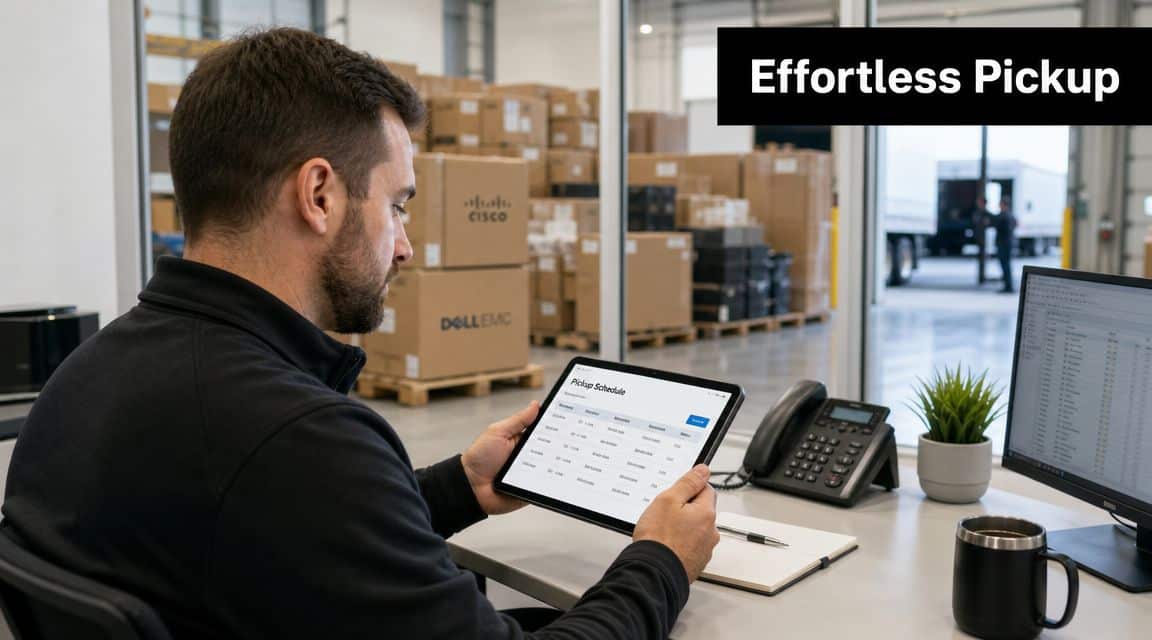 A professional warehouse worker holding a digital tablet to review an organized pickup schedule at his desk.