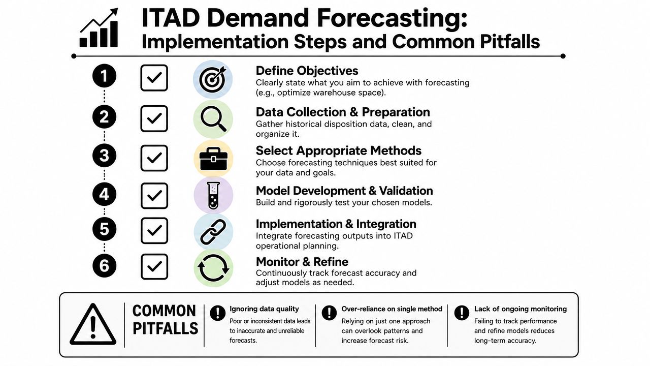 A six-step infographic detailing the ITAD demand forecasting process and common pitfalls to avoid in logistics.