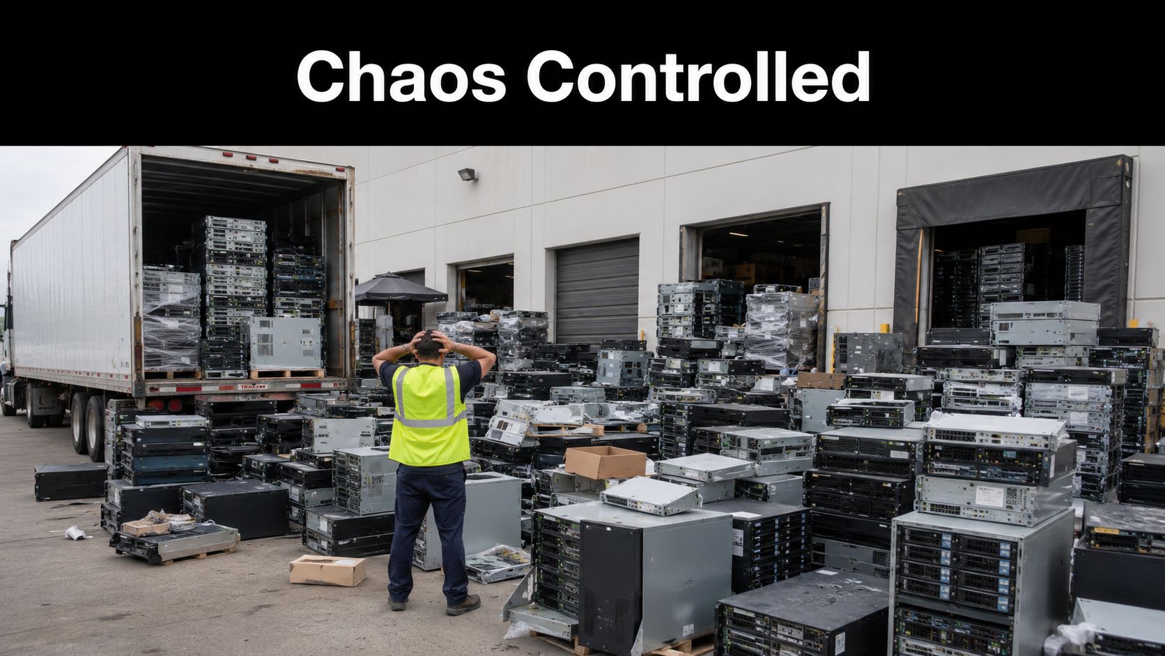 A worker in a neon vest stands overwhelmed before a large warehouse dock filled with stacked server equipment.