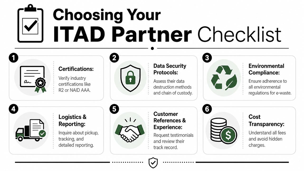 An infographic checklist for choosing an ITAD partner, featuring six essential steps for secure hardware disposal.