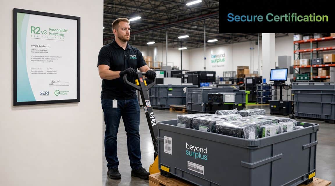 A professional warehouse worker transporting electronic waste containers at Beyond Surplus, an R2v3 certified ITAD facility.