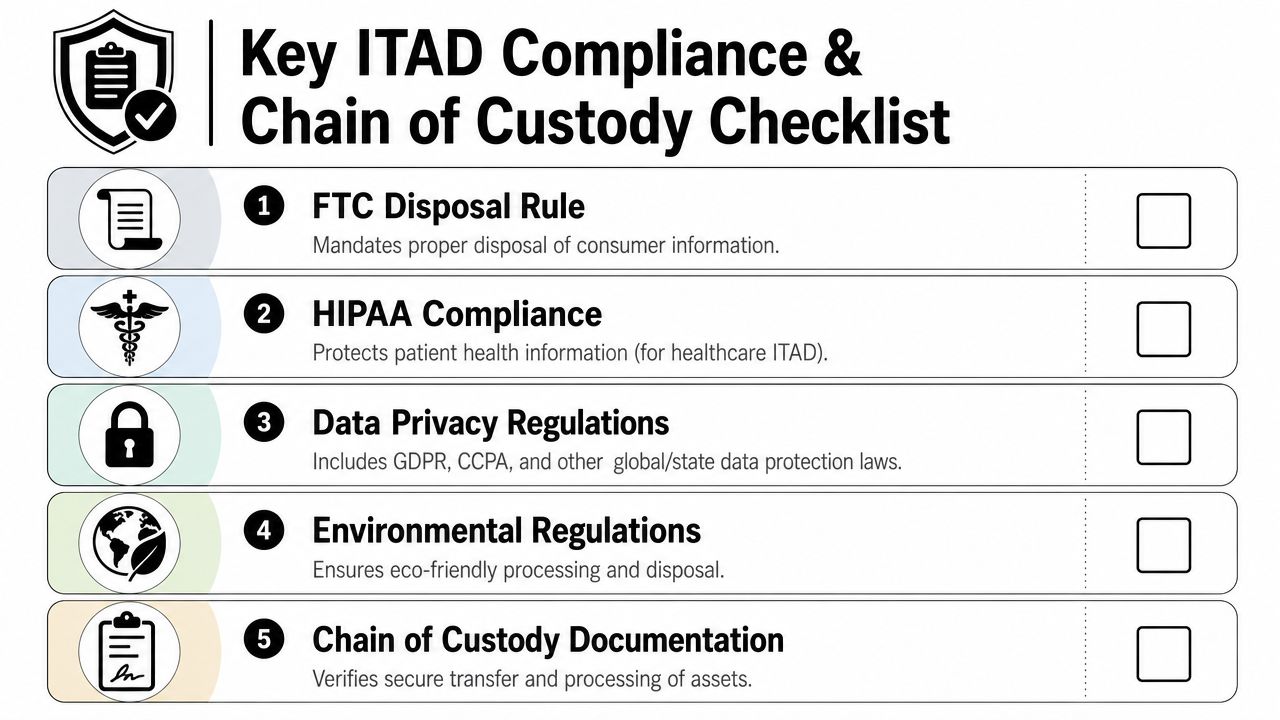 A checklist for IT asset disposition compliance and chain of custody involving regulatory requirements and documentation standards.