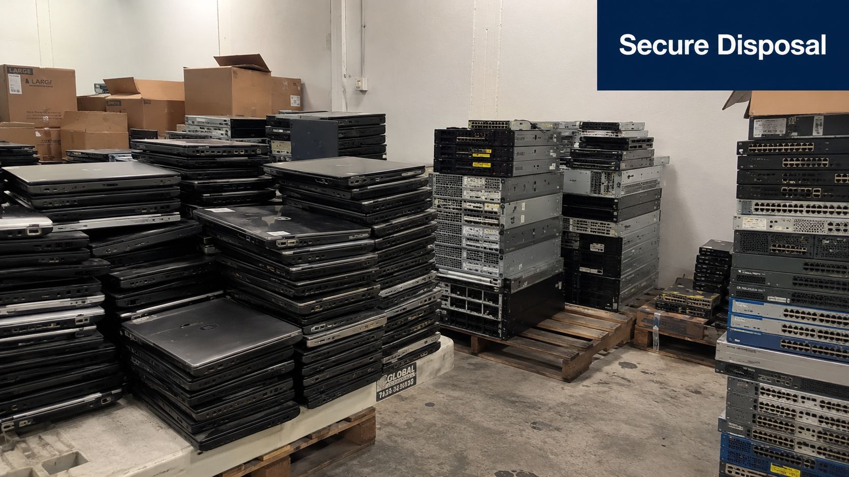 Stacks of used laptops and network switches stored on wooden pallets in a secure recycling warehouse.