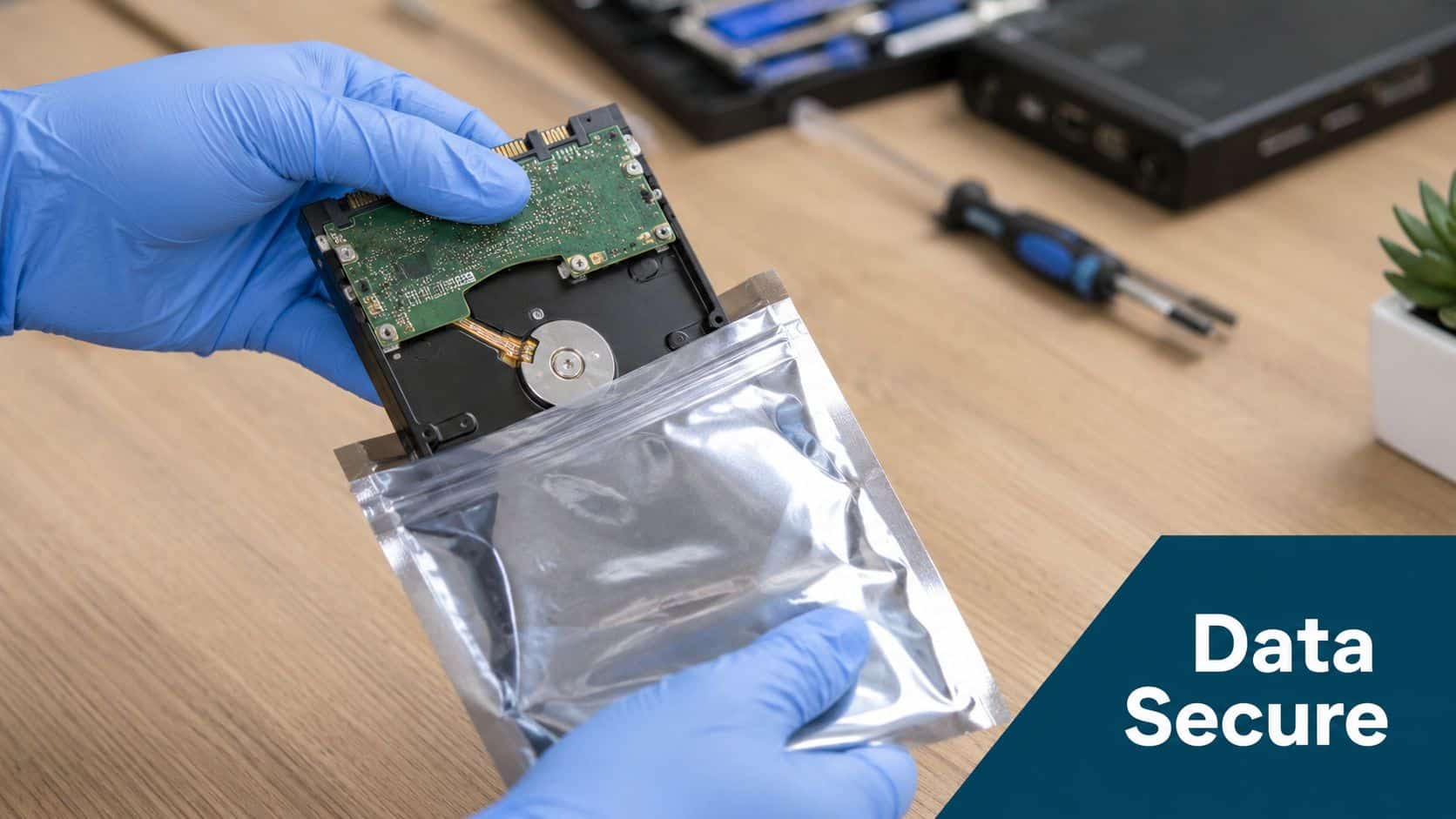 A technician wearing blue protective gloves inserts a hard drive into an anti-static silver storage bag.
