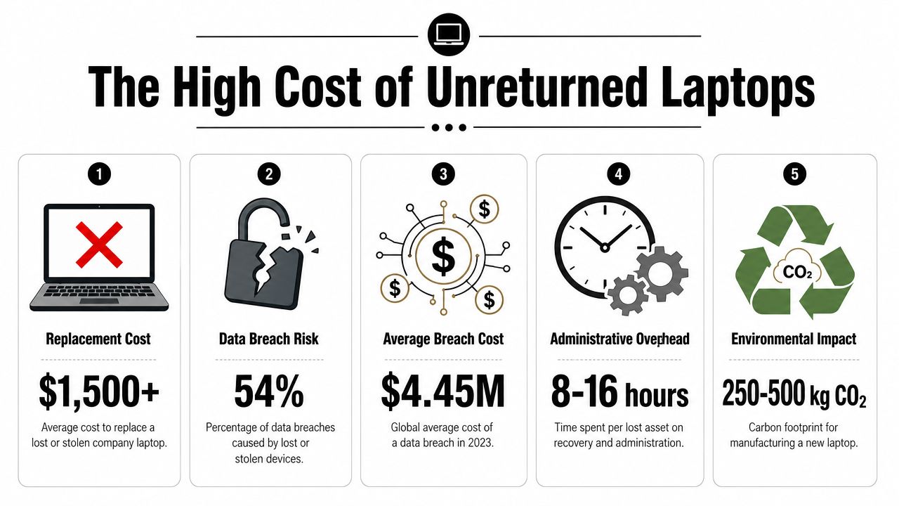 An infographic titled The High Cost of Unreturned Laptops detailing five financial and environmental risks of lost company devices.