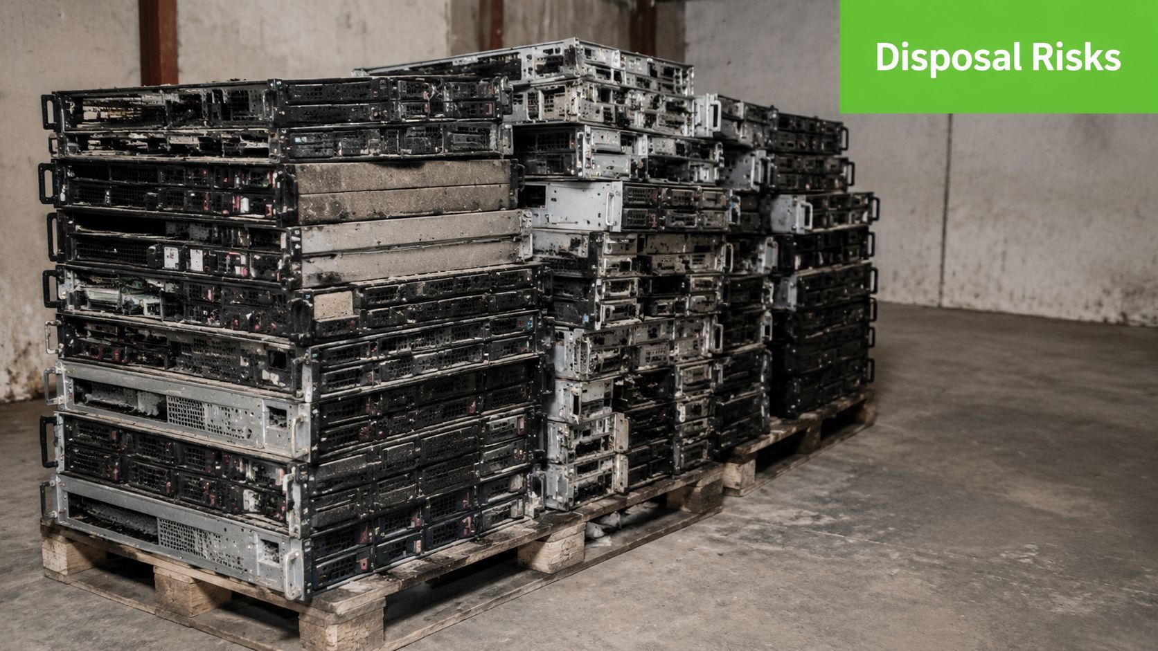 Stacks of retired enterprise server hardware piled on wooden pallets awaiting secure data destruction and recycling.