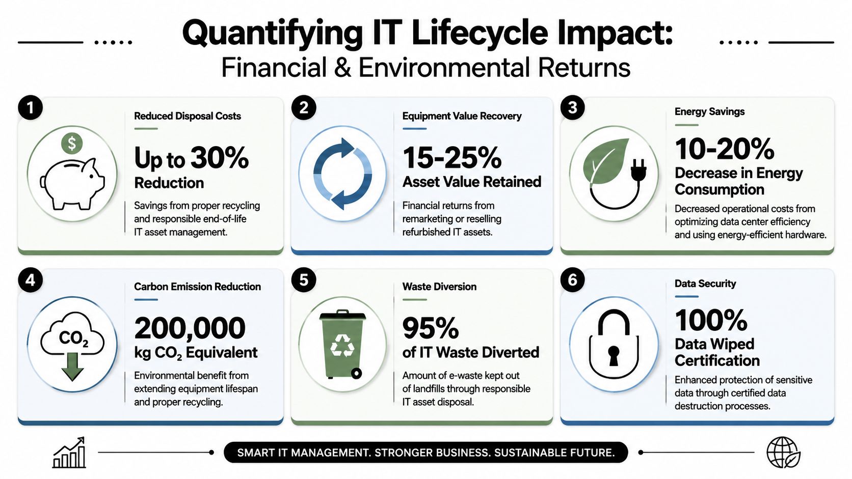 An infographic titled Quantifying IT Lifecycle Impact highlighting six key benefits of sustainable IT asset management practices.