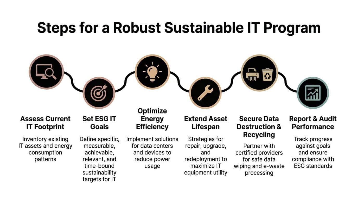 A six-step infographic detailing a robust sustainable IT program, including assessment, goal setting, and equipment lifecycle management.