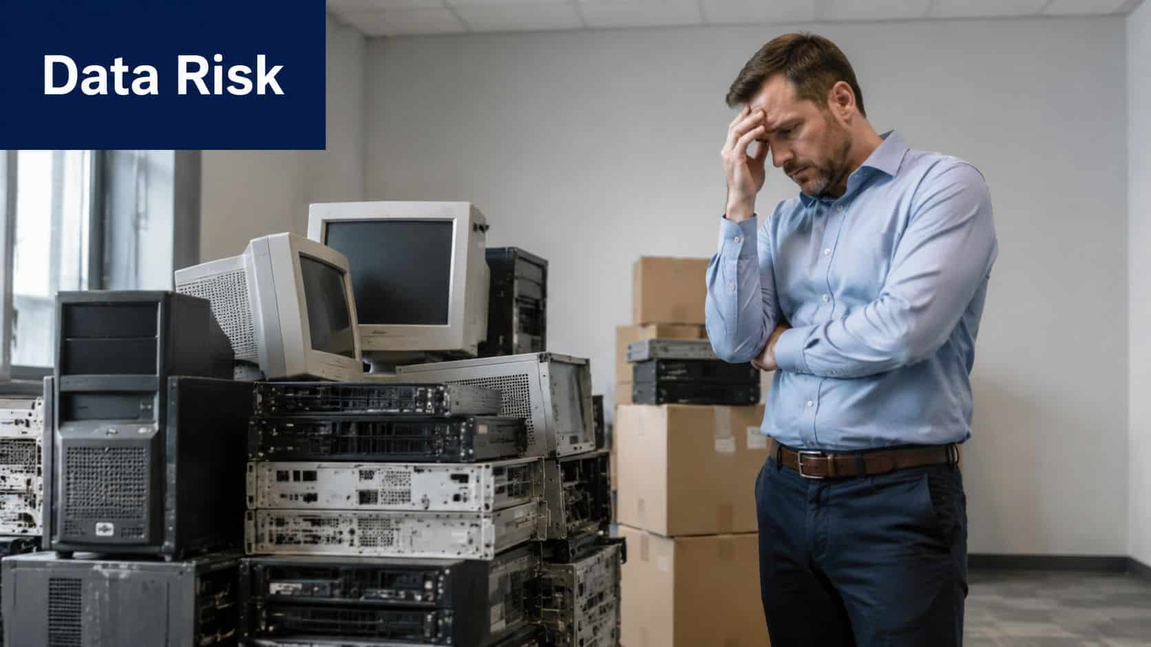 A concerned professional standing next to a large pile of outdated computers and electronic equipment
