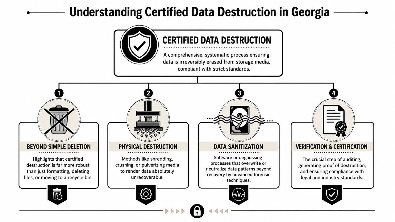 An infographic titled Understanding Certified Data Destruction in Georgia, detailing the four essential steps of professional data security.