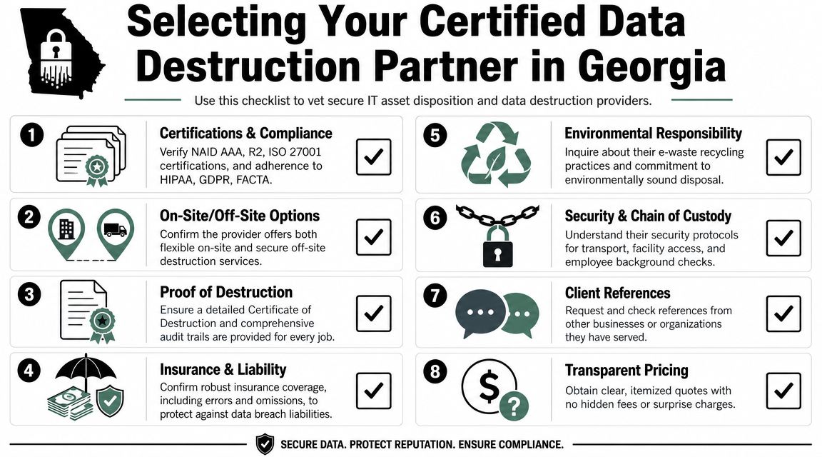 A checklist infographic titled Selecting Your Certified Data Destruction Partner in Georgia with eight key criteria.