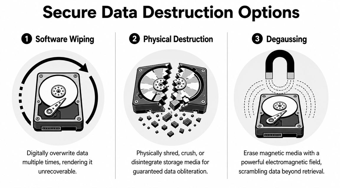 An infographic showing three secure data destruction methods: software wiping, physical destruction, and degaussing hard drives.