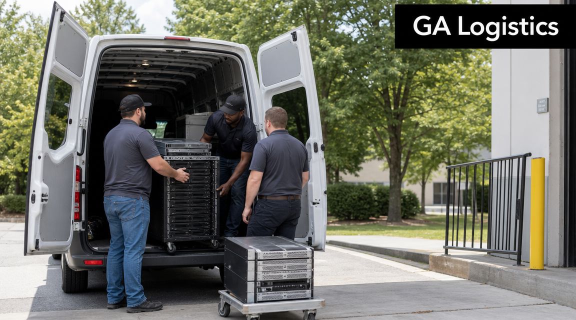Three professional movers loading server equipment from a delivery van into a logistics facility building.