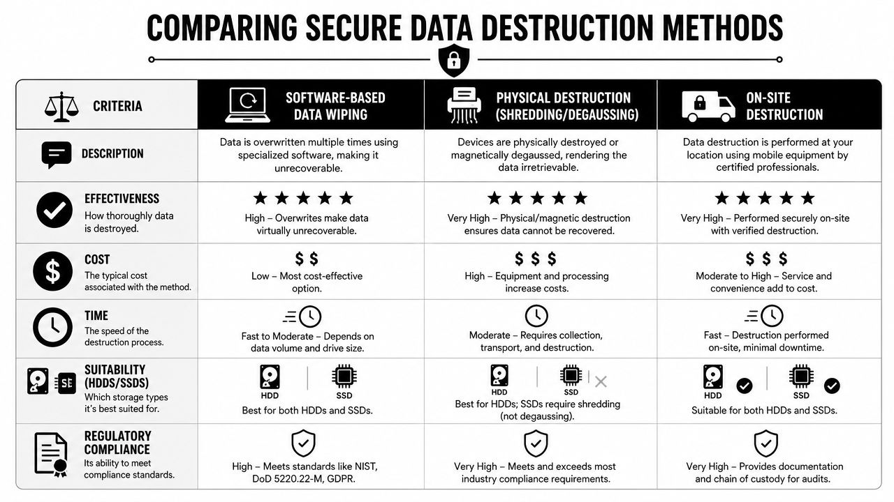 A comparison table outlining three different methods for secure data destruction: software-based, physical, and on-site.