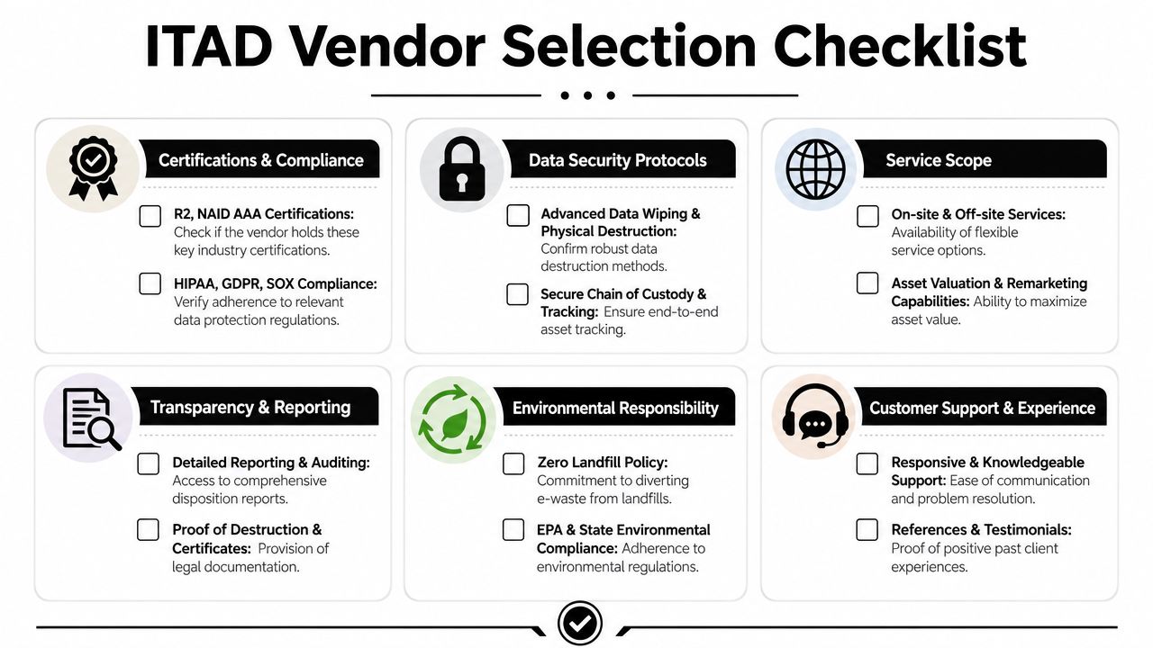 An ITAD vendor selection checklist for enterprises featuring categories like data security, environmental responsibility, and compliance.