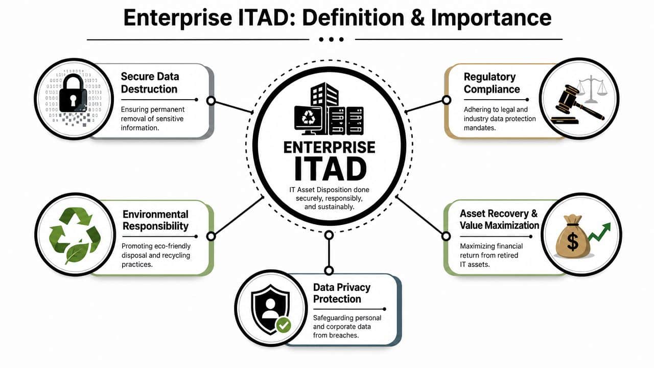 A diagram illustrating the definition and core importance of enterprise IT asset disposition for businesses.