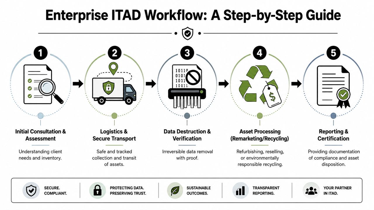 A five-step flowchart illustrating the enterprise IT asset disposition workflow from consultation to final certification.